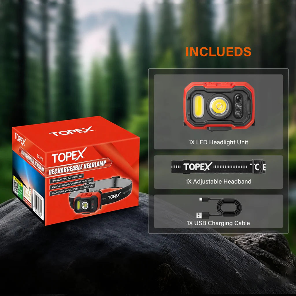 TOPEX Headlamp Rechargeable Head Torch, 1000 Lumens Waterproof LED Headlight with Red Lights, 11 Light Modes, Motion Sensor Control for Camping, Hiking, Outdoor