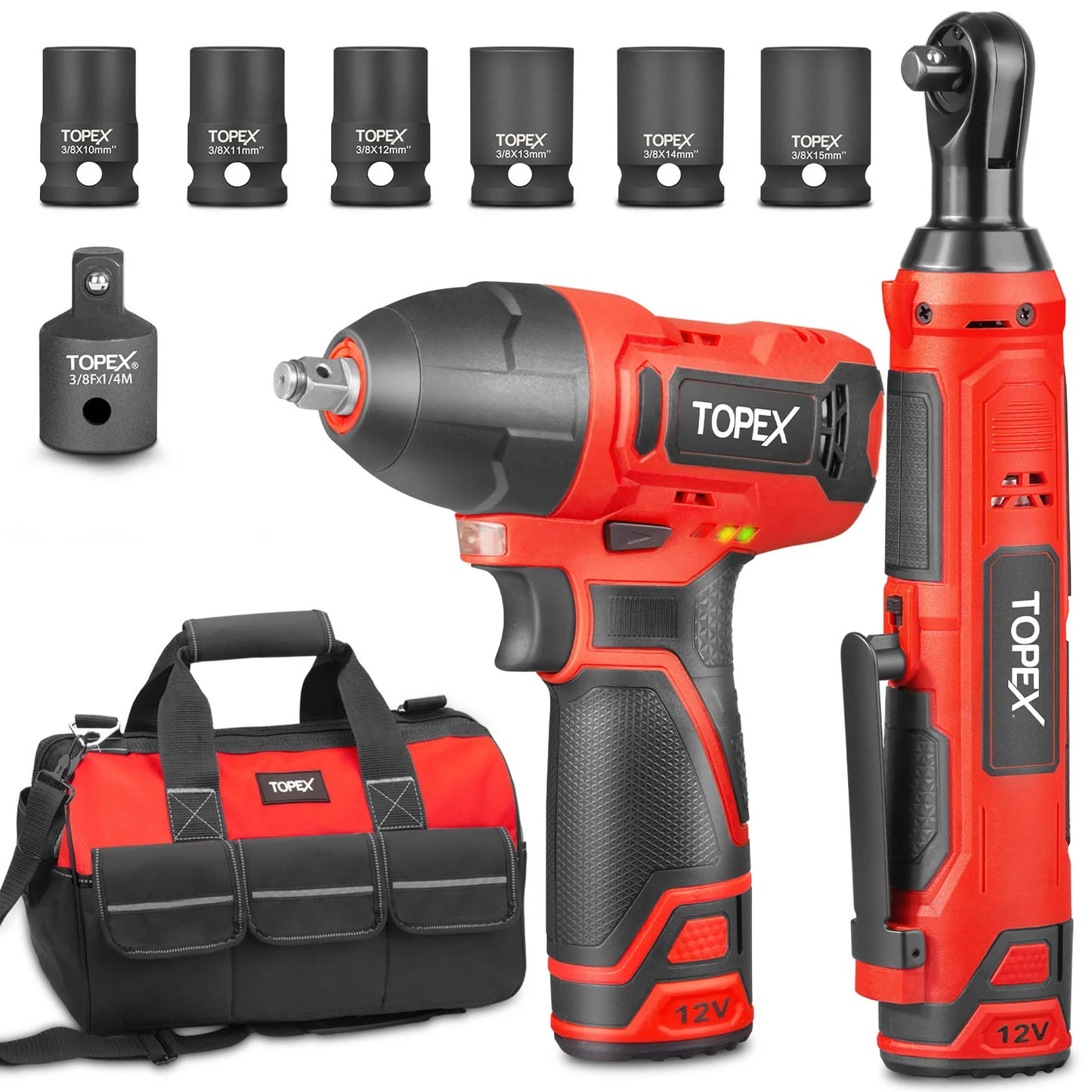 TOPEX 12V Power Tool Twin Kit Cordless Wrenches Impact Wrench with 6 Sockets & 3/8"