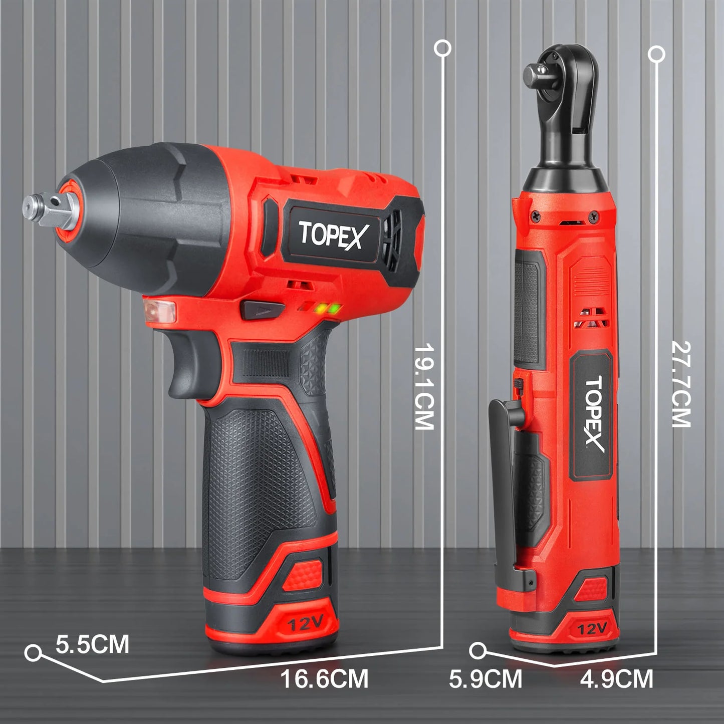 TOPEX 12V Power Tool Twin Kit Cordless Wrenches Impact Wrench with 6 Sockets & 3/8"