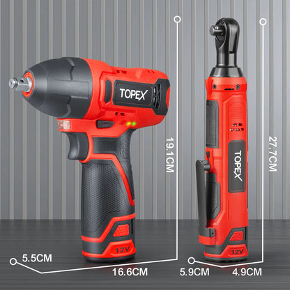 TOPEX 12V Power Tool Twin Kit Cordless Wrenches Impact Wrench with 6 Sockets & 3/8"