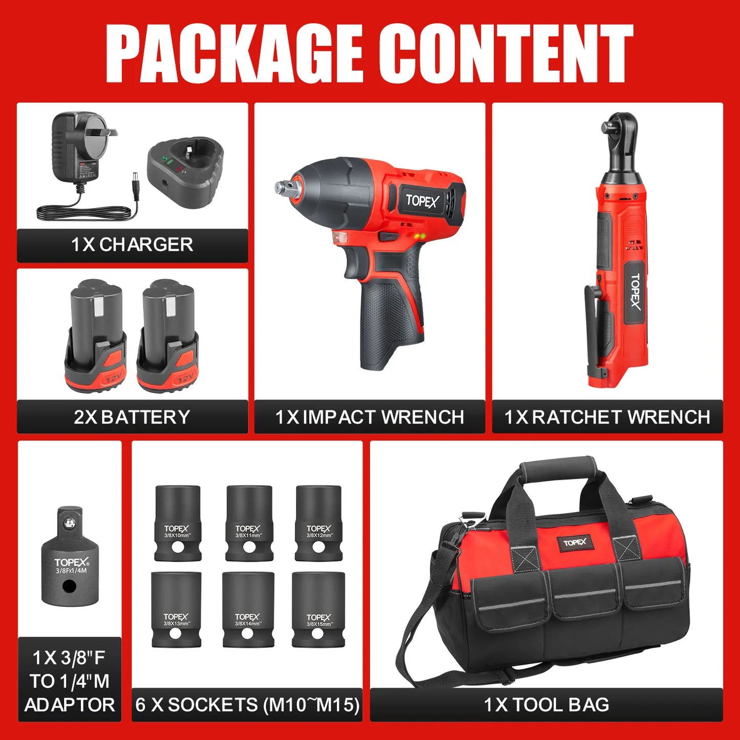 TOPEX 12V Power Tool Twin Kit Cordless Wrenches Impact Wrench with 6 Sockets & 3/8"