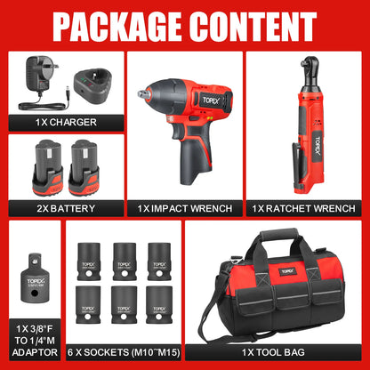 TOPEX 12V Power Tool Twin Kit Cordless Wrenches Impact Wrench with 6 Sockets & 3/8"