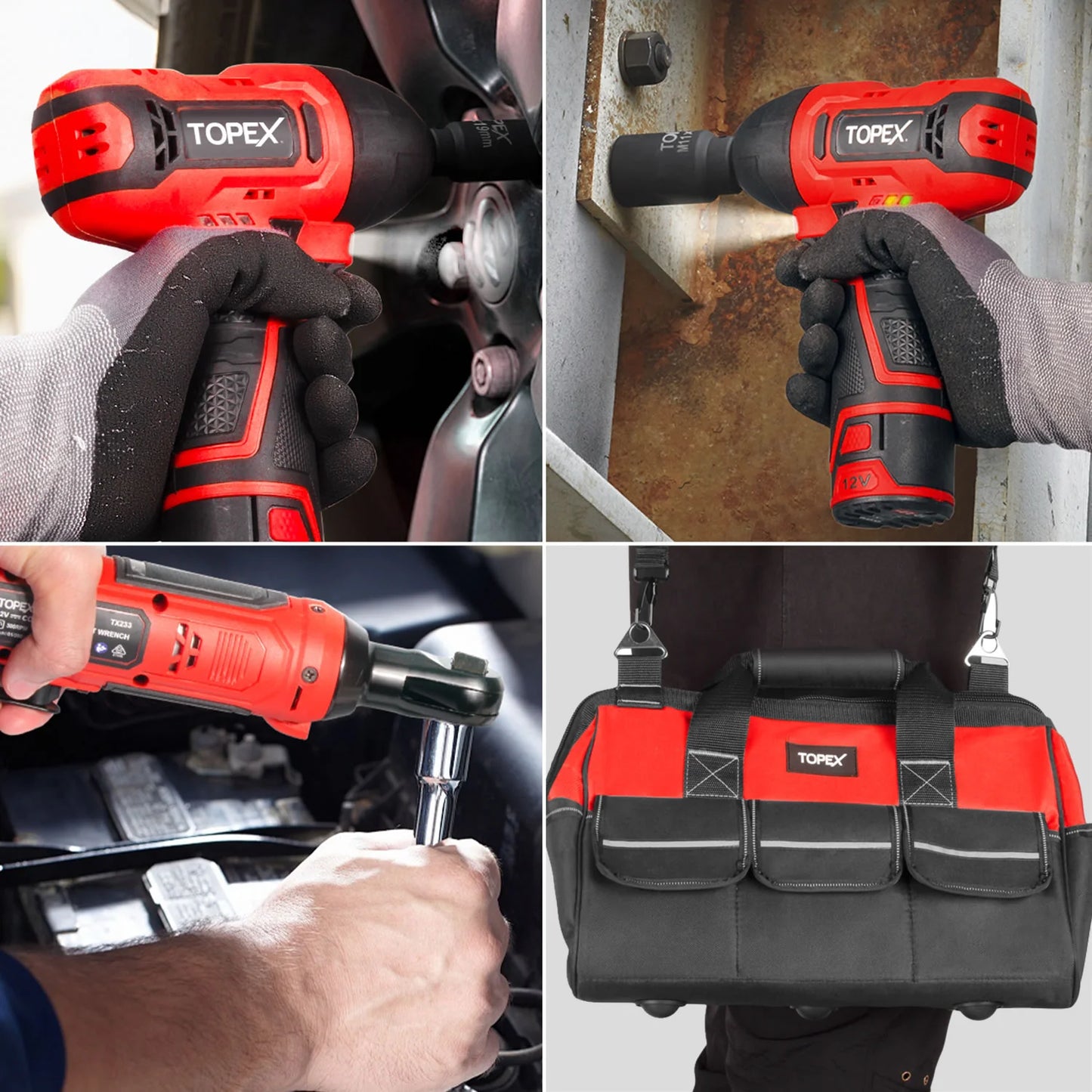 TOPEX 12V Power Tool Twin Kit Cordless Wrenches Impact Wrench with 6 Sockets & 3/8"
