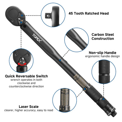 TOPEX 1/2" Torque Wrench, 20-220 Nm / 14.7-162.2 ft-lb, Dual Scale, Heavy Duty for Automotive & Mechanical Use