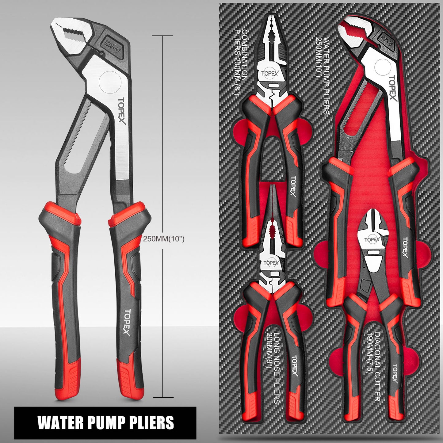 TOPEX 4 Piece Pliers Set (190 mm Diagonal Cutters, 200 mm Combination Pliers, 200 mm Long Nose Pliers, 250 mm Water Pump Pliers) for Demanding Tasks & Home Use
