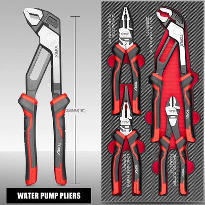 TOPEX 4 Piece Pliers Set (190 mm Diagonal Cutters, 200 mm Combination Pliers, 200 mm Long Nose Pliers, 250 mm Water Pump Pliers) for Demanding Tasks & Home Use
