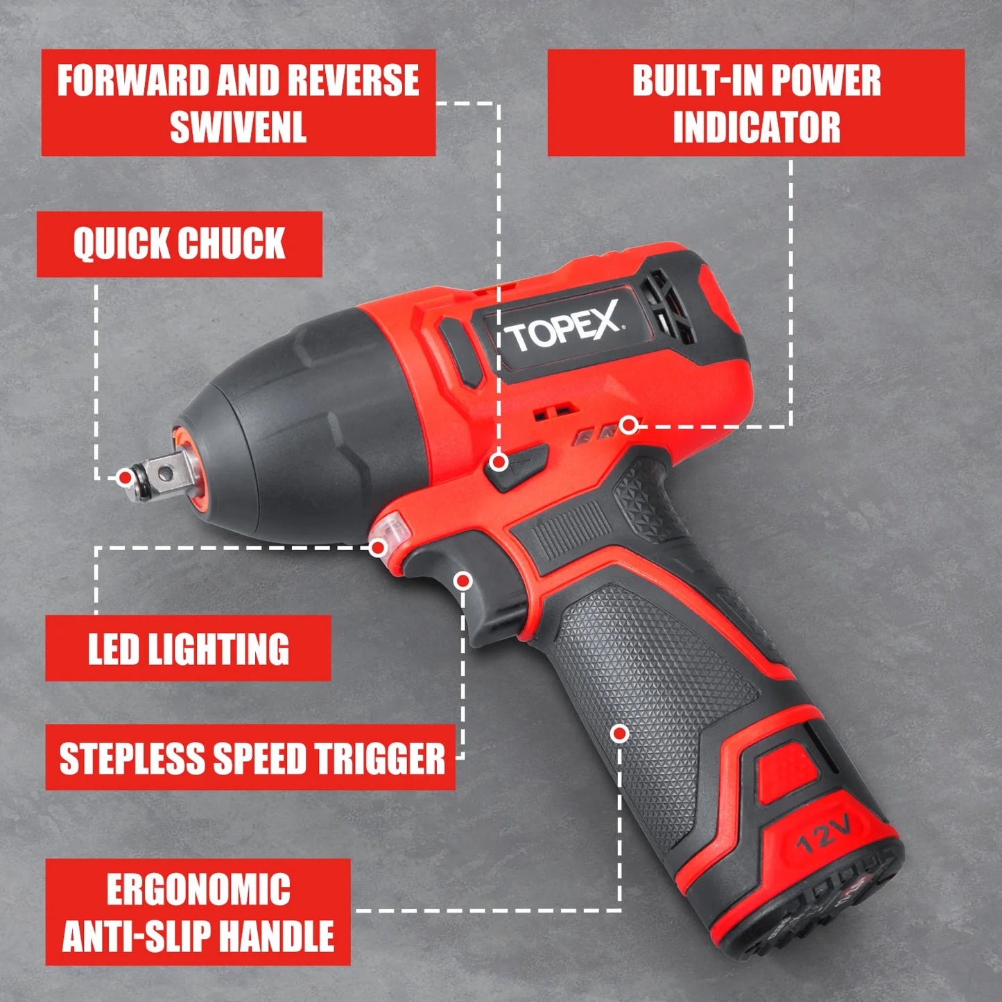 TOPEX 12V Power Tool Twin Kit Cordless Wrenches Impact Wrench with 6 Sockets & 3/8"