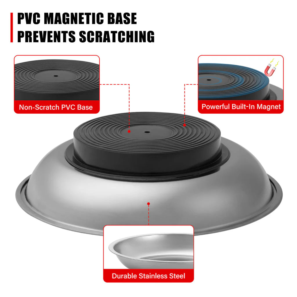 TOPEX 5 PCE Magnetic Parts Trays Tool Holder Strip with Pickup Set, Stainless Steel 5 - 3/8" x 9 - 3/8" Square and 6" Round Bowl Trays, 18" Magnet Bar