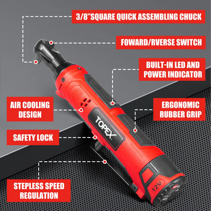 TOPEX 12V Power Tool Twin Kit Cordless Wrenches Impact Wrench with 6 Sockets & 3/8"