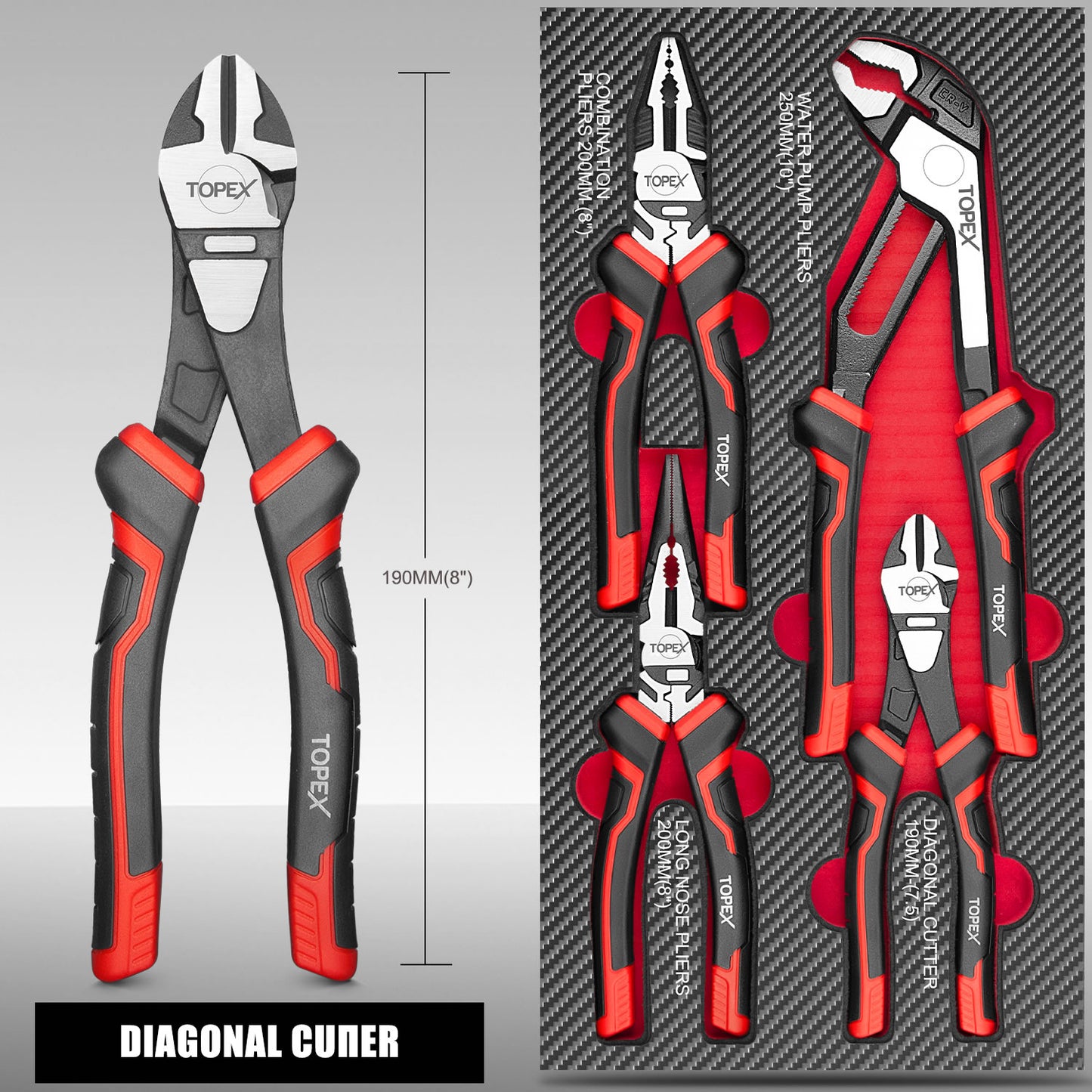 TOPEX 4 Piece Pliers Set (190 mm Diagonal Cutters, 200 mm Combination Pliers, 200 mm Long Nose Pliers, 250 mm Water Pump Pliers) for Demanding Tasks & Home Use