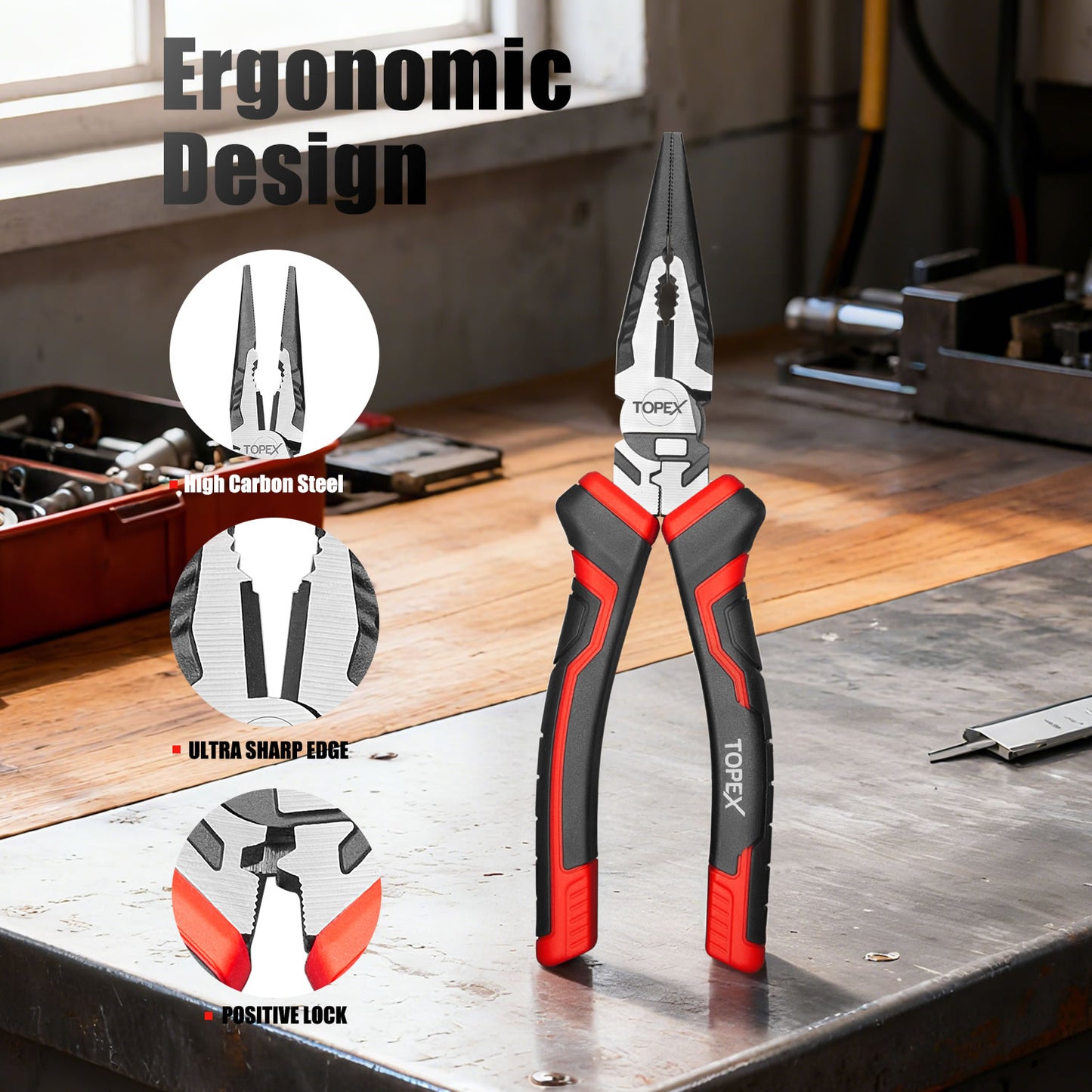 TOPEX 4 Piece Pliers Set (190 mm Diagonal Cutters, 200 mm Combination Pliers, 200 mm Long Nose Pliers, 250 mm Water Pump Pliers) for Demanding Tasks & Home Use