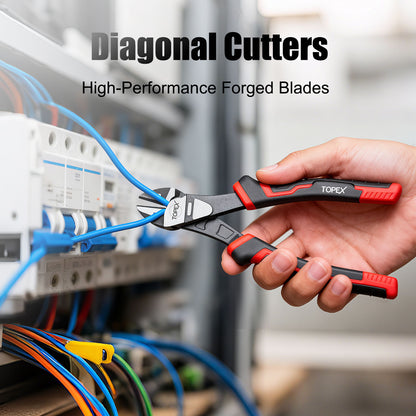 TOPEX 4 Piece Pliers Set (190 mm Diagonal Cutters, 200 mm Combination Pliers, 200 mm Long Nose Pliers, 250 mm Water Pump Pliers) for Demanding Tasks & Home Use