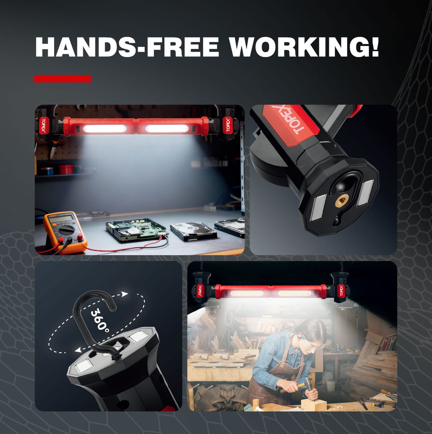 TOPEX 4PCS Rechargeable Work Lights (2 Connectable Bars), 2000 Lumens Magnetic LED Work Light with Hooks, 360° Rotation 3 Modes Light & 1/4" Thread for Car Repair