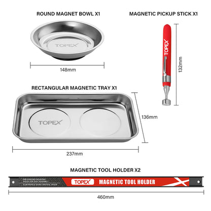 TOPEX 5 PCE Magnetic Parts Trays Tool Holder Strip with Pickup Set, Stainless Steel 5 - 3/8" x 9 - 3/8" Square and 6" Round Bowl Trays, 18" Magnet Bar